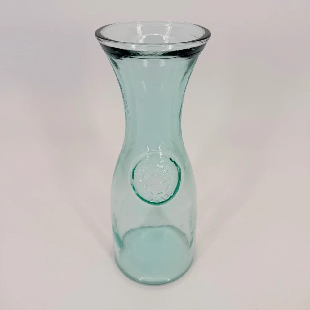 Vintage Spain Recycled Glass Carafe 10” Tall Vase Embossed Seal MCM Farmhouse